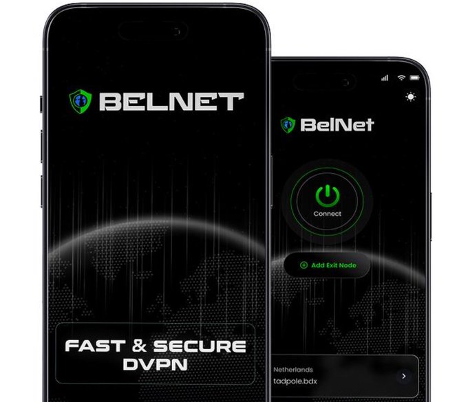 Two smartphone screens display the 'BelNet' VPN application, with text 'FAST & SECURE DVPN' and an 'Add Exit Node' option showing a Netherlands server (tadpole.bdx).