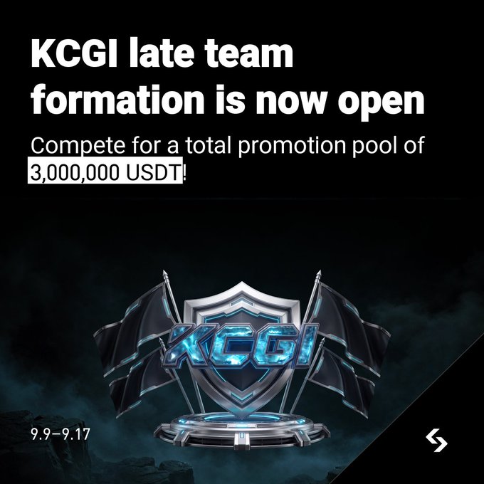 Promotional graphic announcing KCGI late team formation with a 3,000,000 USDT promotion pool, running from 9.9 to 9.17, featuring a glowing blue KCGI emblem with crossed flags on a dark background. The image reinforces the post's call to action for the KCGI 2026 team competition and prize details.