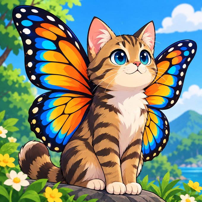 An AI-generated illustration depicts an adorable tabby kitten with large blue eyes sporting colorful blue, orange, and black monarch butterfly wings, sitting on a rock surrounded by flowers with a scenic landscape behind it.