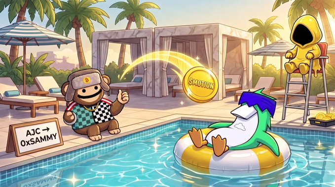 A cartoon illustration showing a character labeled "AJC" at a resort poolside trading his "AJC" coins for "OXSAMMY," while a penguin floats by and a hooded figure watches from a lifeguard chair.