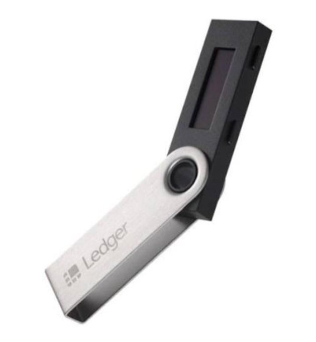 A product image of a Ledger hardware wallet, featuring a USB drive with a small screen and buttons.