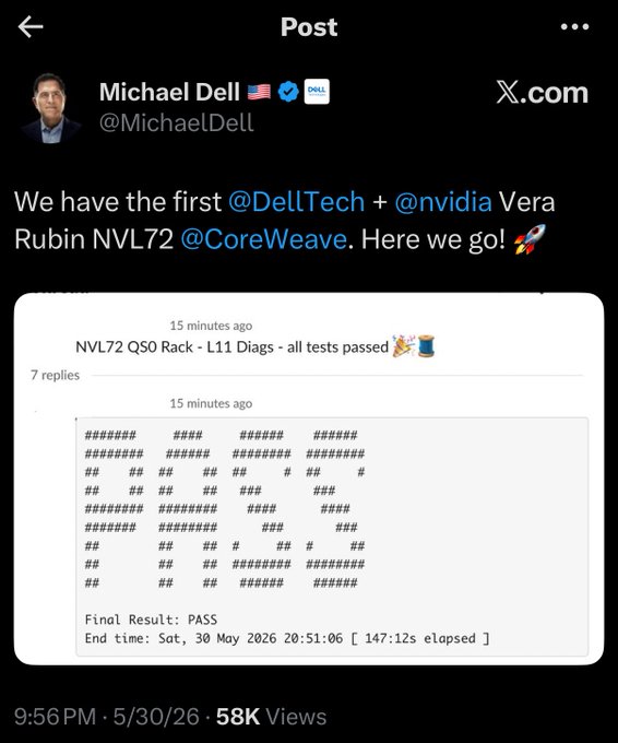 The image features a screenshot of a message from a person named Michael Dell, which appears on Twitter. The main focus of this tweet is that he has successfully passed an assignment. It's not clear if the assignment was for CoreWeave or Rubin, but the post shows his achievement by stating "Well there you have it. You’re welcome $CRWV CoreWeave investors $DELL CEO announces the first $NVDA Vera Rubin NVL72", indicating that the tweet is directly related to the assignment and congratulating Dell on his accomplishment.