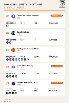 A 'Tokenized Equity Countdown' leaderboard ranks companies by total value, with Figure Technology Solutions (#1, $239,539,031), Securitize Corp. (#2, $185,129,472), Strategy 21% Variable Rate Stock (#3, $172,860,315), Circle Internet Group (#4, $127,731,960), and iShares Core S&P 500 ETF (#5, $95,917,577) topping the list.
