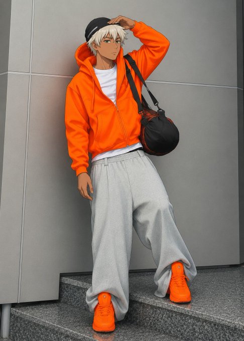 An anime-style character with white hair wearing an orange zip-up hoodie, gray sweatpants, orange sneakers, and a black beanie, standing on stone steps with a black duffel bag.