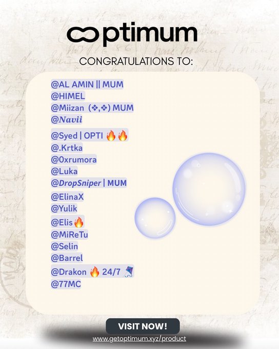 A promotional 'CONGRATULATIONS TO' graphic from Optimum (www.getoptimum.xyz) listing multiple usernames, including @AL AMIN || MUM, @HIMEL, and @Syed | OPTI, decorated with bubble graphics.