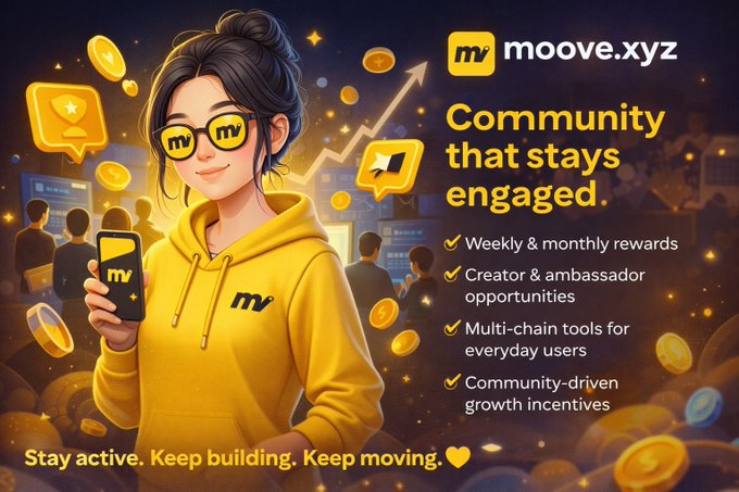 The image features a woman wearing glasses, holding up her phone with an app logo displayed on it. The text of the image reads "MOVEXZ Community That Stays Engaged", which suggests that the app is designed for users who want to engage with others and build a community around their interests or projects. The post also mentions the importance of rewarding active contributors, indicating that the app encourages user engagement through various means such as likes, comments, badges, and other forms of recognition.
