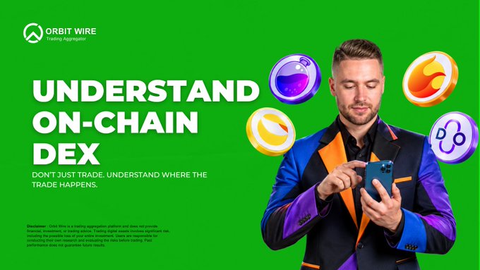 A promotional banner for Orbit Wire with the text 'UNDERSTAND ON-CHAIN DEX' and 'DON'T JUST TRADE. UNDERSTAND WHERE THE TRADE HAPPENS,' featuring a man in a blue and purple suit using a smartphone next to several cryptocurrency icons.