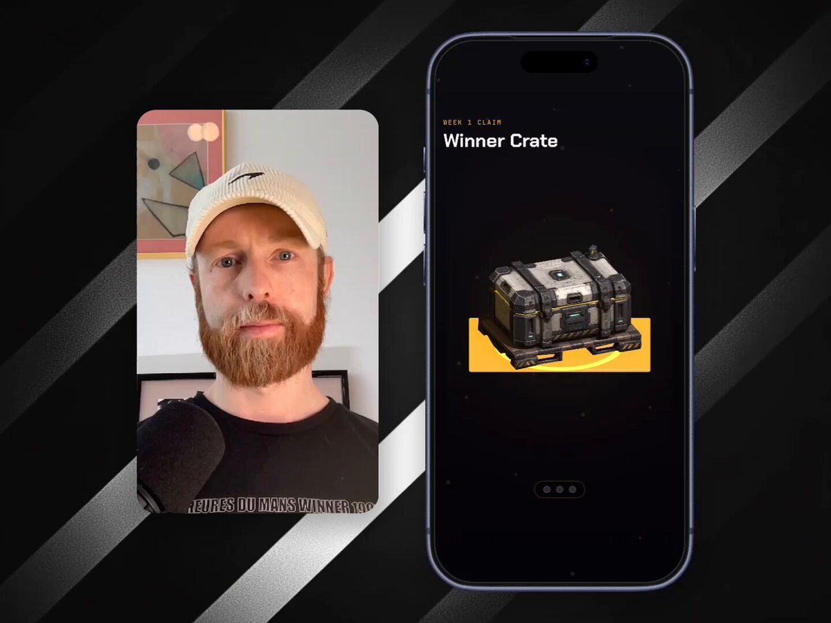 The image features a man with a beard wearing a hat, standing next to an iPhone screen displaying a picture of a suitcase or briefcase. The caption for the image reads "Winner Crata" and there are two thumbs up emojis on the bottom right corner of the phone's screen.