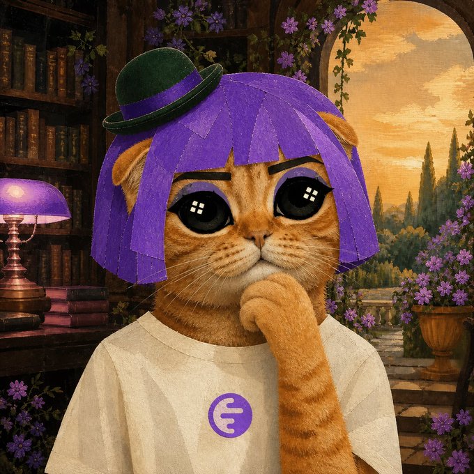 An anthropomorphic orange cat wearing a purple bob-cut wig and a small green bowler hat poses thoughtfully in a painterly setting with bookshelves, a vintage lamp, and a sunset landscape visible through an arched doorway.