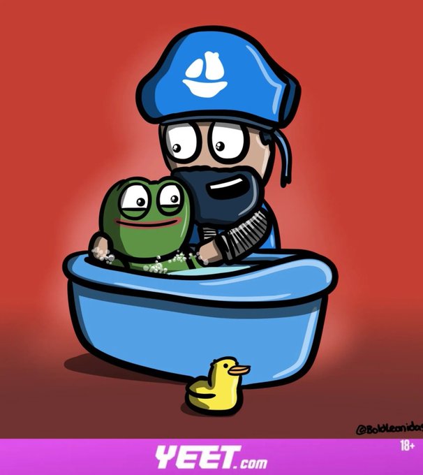 A cartoon illustration from @Bobleonidas on YEET.com (18+) shows a Pepe frog being bathed in a tub by a SWAT officer scrubbing with a brush, accompanied by a rubber duck. The image, paired with a crypto market update showing BTC at 66,230 (+3%) and Fear & Greed at 26, humorously depicts the idea of "cleaning up" or washing Pepe (a popular crypto meme coin) amid current market conditions.