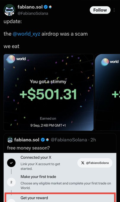 A Twitter/X post by verified user @FabianoSolana announces "update: the @world_xyz airdrop was a scam we eat" alongside a screenshot showing "You got a stimmy +$501.31" and a promotion for free money with World and X account linking.
