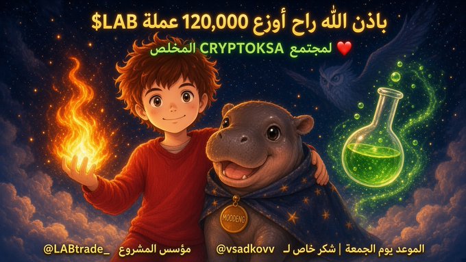 A colorful illustration features a young cartoon boy holding a flame next to a friendly hippopotamus wearing a "MODENG" medal, with a green bubbling potion flask and a wizard in the starry background. The Arabic text announces a giveaway of 120,000 $LAB tokens to the CryptoKSA community, scheduled for Friday and credited to @LABtrade_ founder @vsadkovv.