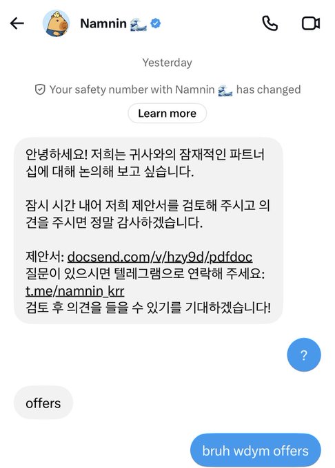 A Telegram chat with a verified user named "Namnin" offering a long-term contract as a partner, with the recipient responding "bruh wdym offers".