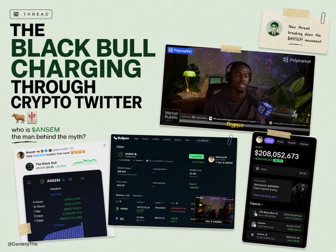 A thread graphic titled 'THE BLACK BULL CHARGING THROUGH CRYPTO TWITTER' about 'SANSEM' and the ANSEM movement, featuring screenshots from Polymarket, Bullpen, and a $208,052,673 cash balance.