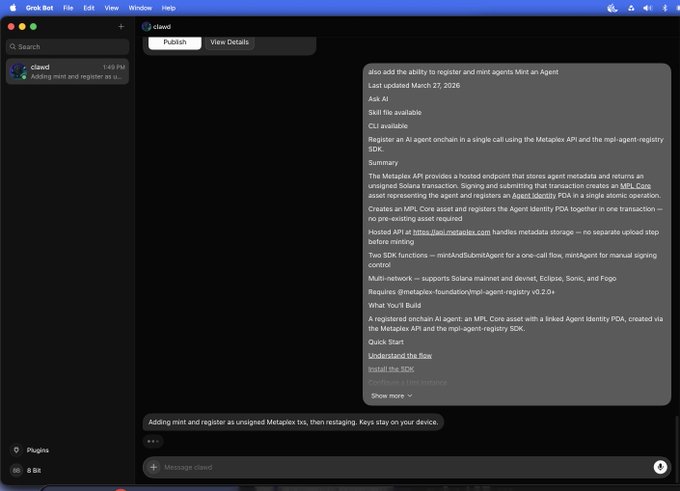 A Grok Bot interface on macOS displaying a chat with a 'clawd' agent about registering and minting agents on Metaplex, with a message input field at the bottom.