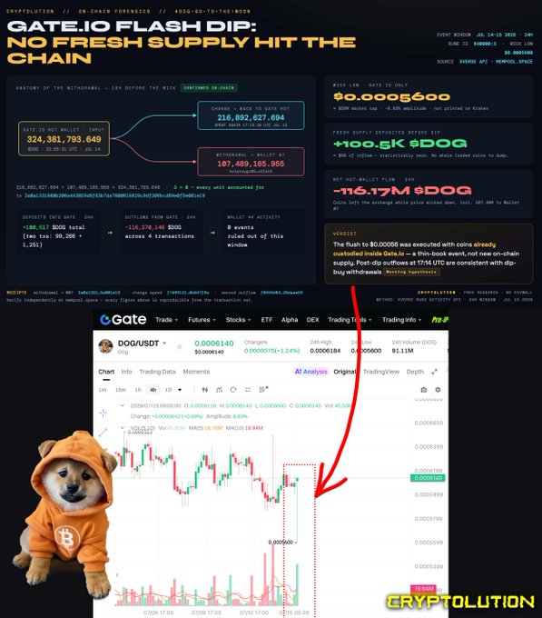 A Gate.io dashboard titled 'GATE.IO FLASH DIP: NO FRESH SUPPLY HIT THE CHAIN' shows DOG/USDT withdrawal data with $100.9K $DOG withdrawn before ZIG, accompanied by a Shiba Inu dog meme in an orange hoodie and a candlestick chart.