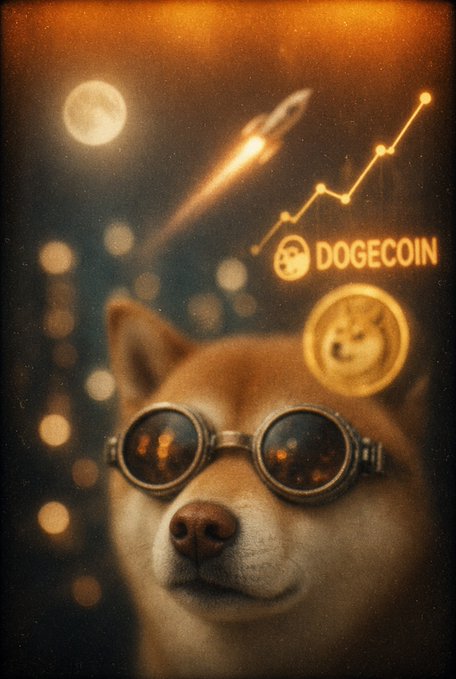 A stylized Shiba Inu dog wearing round goggles looks forward, with a glowing "DOGECOIN" logo and an upward-trending constellation chart above its head.