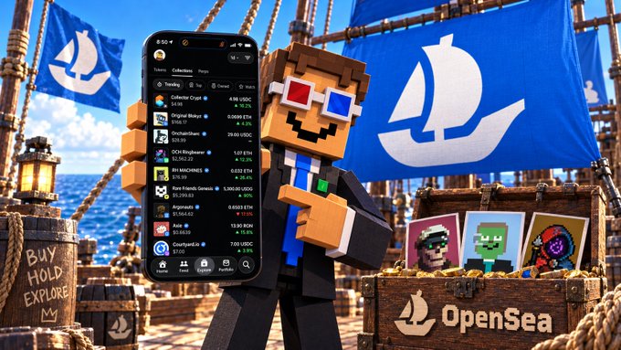 A promotional image for OpenSea featuring a Minecraft-style character wearing 3D glasses holding a phone displaying the OpenSea NFT marketplace app, set against a pirate ship backdrop with OpenSea flags.