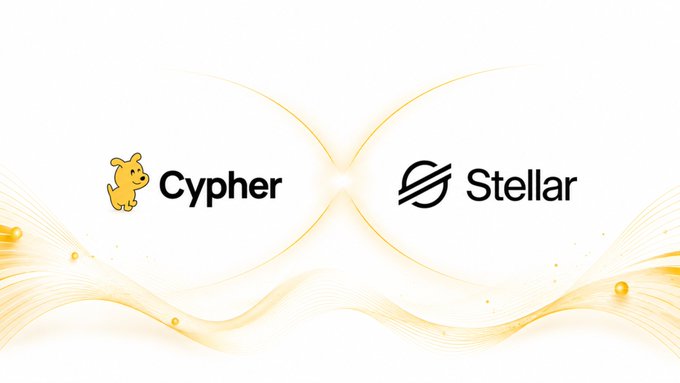 The image features two logos side by side against a white background. The logo for Cypher is positioned above the logo for Stellar. Both logos are yellow with black text that reads "Cypher" and "Stellar". Below these logos, there's a description of how the two companies work together to provide fast and efficient global payments.