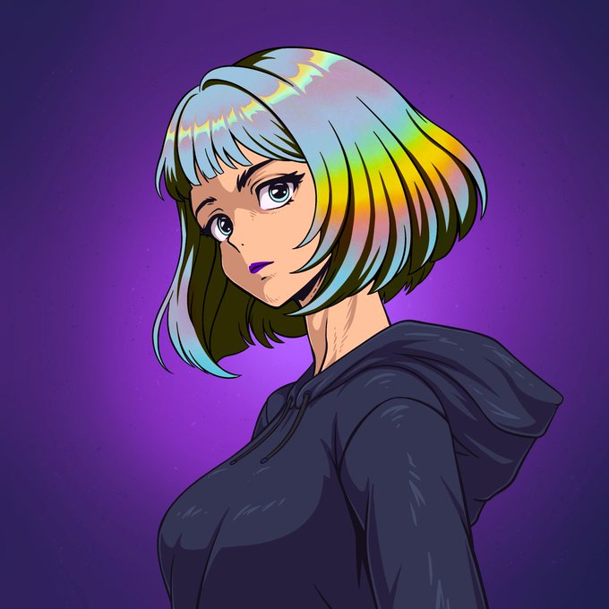 An anime-style illustration of a young woman with short, iridescent rainbow-colored hair, wearing a dark blue hoodie against a purple background.