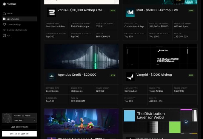 Screenshot of the "Nucleus" platform displaying Web3 airdrop opportunities, including campaigns for "ZeruAI - $50,000 Airdrop + WL," "Mint - $50,000 Airdrop + WL," "Agentics Credit - $20,000," and "Vangrid - $100K Airdrop."