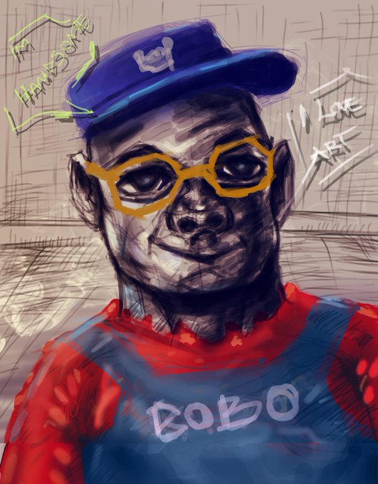 A stylized digital portrait/sketch of a boy wearing a blue cap and yellow-rimmed glasses with graffiti-style text including 'BOBO' and 'I LOVE ART'.