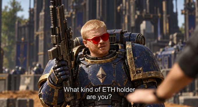 A Space Marine character with red sunglasses and an Ethereum logo on his armor stands with a rifle, captioned 'What kind of ETH holder are you?'