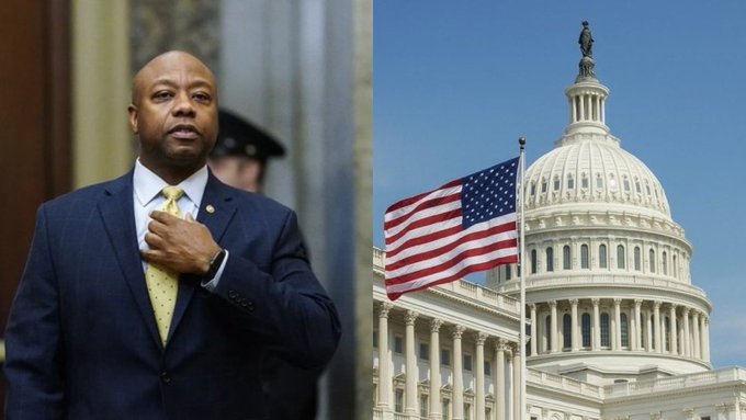 Senator Tim Scott, shown alongside the U.S. Capitol and American flag, advocates for the swift passage of the CLARITY Act, signaling bipartisan support to unlock the massive $30 trillion capital potential entering the crypto market.