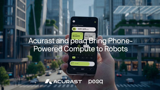 A promotional banner reading 'Acurast and peaq Bring Phone-Powered Compute to Robots' featuring a hand holding a smartphone displaying crypto portfolio data against a city backdrop.