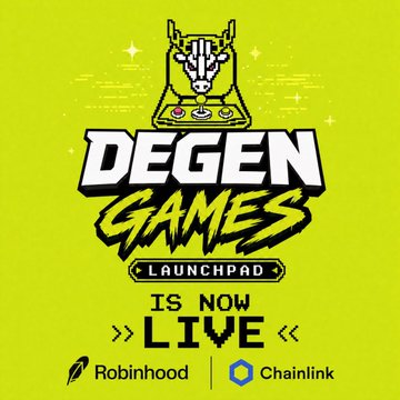 A promotional graphic for Degen Games Launchpad featuring pixelated arcade game art, announcing that the launchpad is now live on Robinhood Chain with Chainlink.