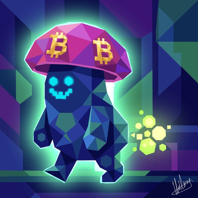 A digital illustration of a dark geometric figure with glowing cyan eyes wearing a pink mushroom-shaped hat adorned with gold Bitcoin logos, set against a purple and green background.