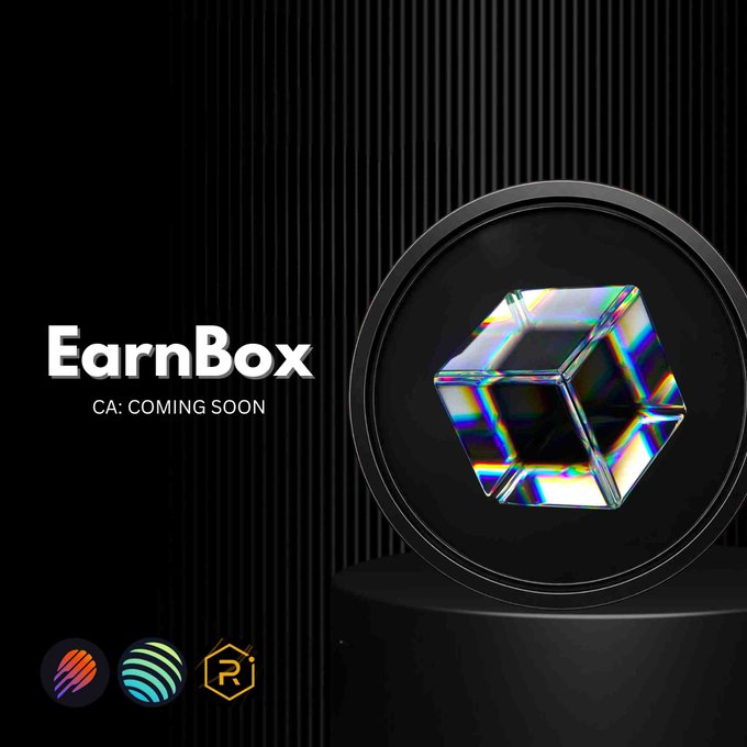 A promotional graphic for "EarnBox" featuring a prismatic 3D cube inside a dark circular frame, with the text "CA: COMING SOON" and logos for Raydium, Jupiter, and another exchange at the bottom. The image aligns with the post teasing that the contract address (CA) will be revealed soon on X, prompting followers to retweet and share their Solana wallet addresses for potential engagement.