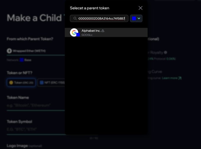 A cryptocurrency interface titled 'Make a Child T...' showing a modal to select a parent token, with a search field containing the address and 'Alphabet Inc. (GOOGL)' visible in the results.