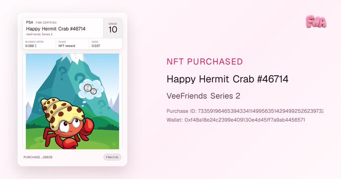 An NFT purchase confirmation screen displaying 'Happy Hermit Crab #46714' from the VeeFriends Series 2 collection.