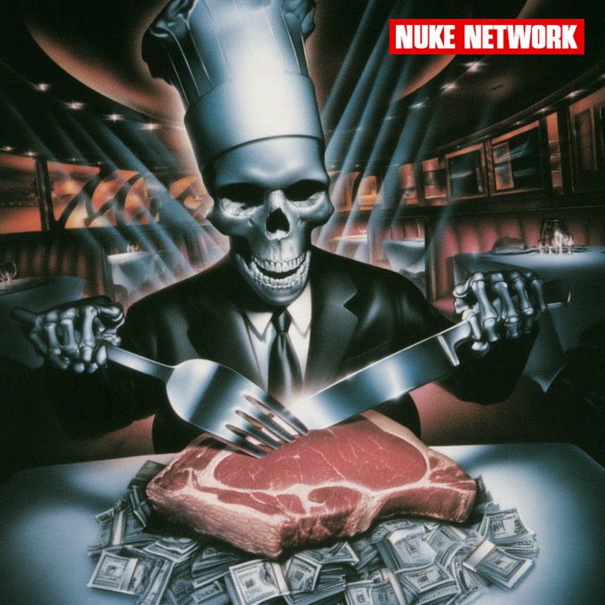 A stylized illustration of a skeletal chef in a suit and chef's hat, holding a fork and knife over a steak surrounded by dollar bills, labeled 'NUKE NETWORK'.