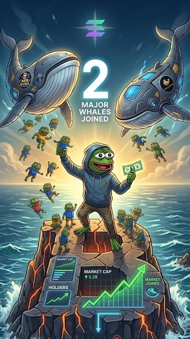 A cartoon-style crypto meme showing a Pepe-like character standing on a rocky outcrop holding cash, with whale mascots above and text reading '2 MAJOR WHALES JOINED' alongside market cap and holders graphics.