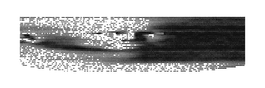 A heavily distorted, glitchy black and white image with horizontal static lines and illegible shapes.