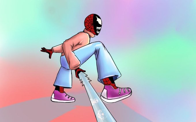 A cartoon illustration of Spider-Man/Venom hybrid character squatting while shooting a web from their hand against a pastel rainbow background.