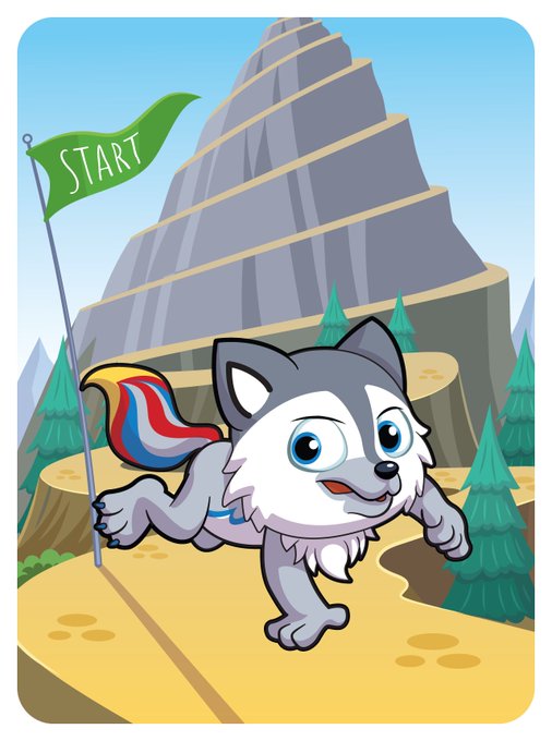 A cartoon gray and white husky dog wearing a red, white, and blue cape runs along a yellow path holding a green flag that reads "START," with a tall winding mountain in the background—capturing the "Marathon Mountain" climb referenced in the Whimsical Wolf web3 journey post.