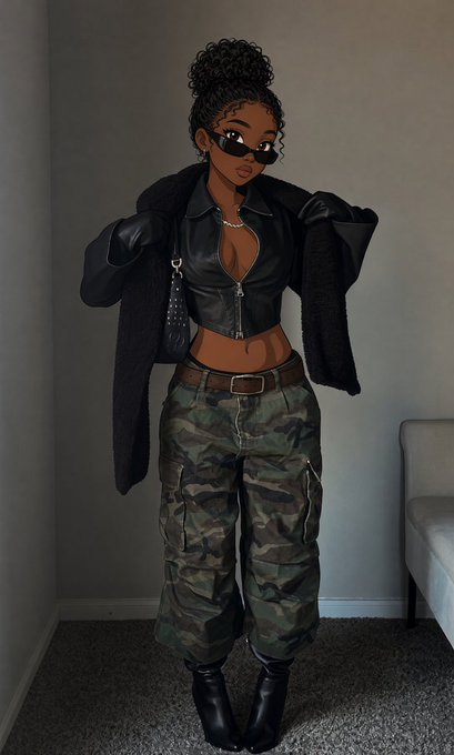 A woman poses indoors wearing a black leather cropped top, camouflage cargo pants, black boots, sunglasses, and a black jacket draped over her shoulders.