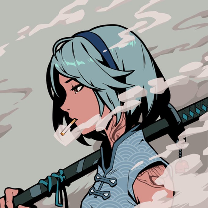 An anime-style illustration of a character with light blue hair and a headband, smoking a cigarette while carrying a katana over their shoulder.