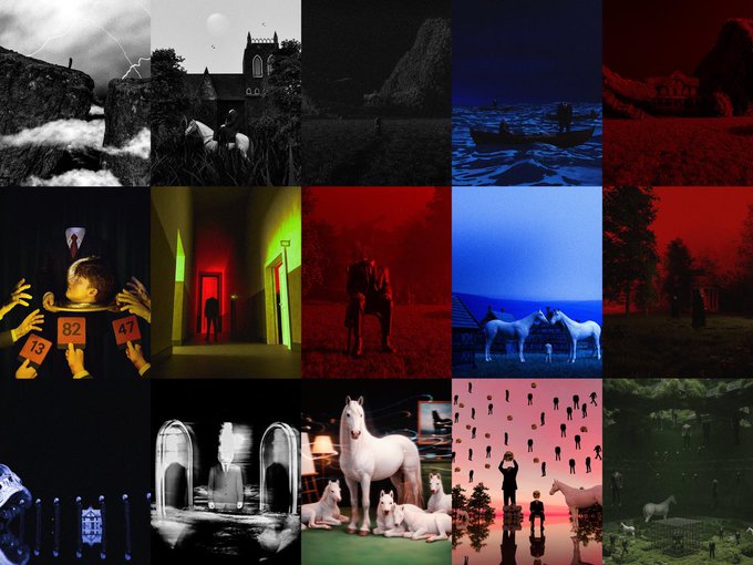 A grid collage of 15 surreal, color-tinted art photographs featuring dreamlike scenes of horses, figures, and landscapes in monochrome, red, blue, and green hues. No readable text or numbers appear, aside from small placards showing "82," "13," and "47" on a child's hands in one frame. The composition fits the post's "Art" theme as a curated visual moodboard of fine art photography.