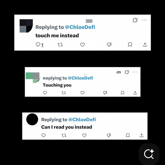 A screenshot of three Twitter/X replies to @ChloeDefi reading 'touch me instead', 'Touching you', and 'Can I read you instead'.
