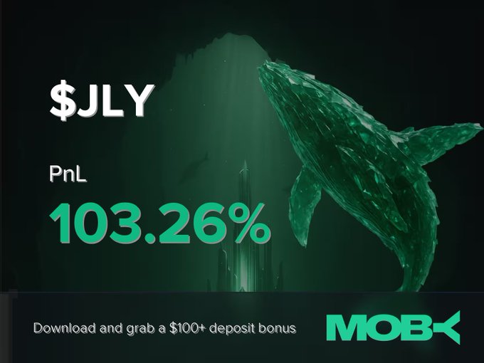 The image is a promotional graphic for Moby featuring an underwater scene with a green whale and "$JLY" displayed alongside a PnL of "103.26%", accompanied by text reading "Download and grab a $100+ deposit bonus" and the Moby logo, highlighting the trader's profitable +103.26% close on $JLY mentioned in the post.
