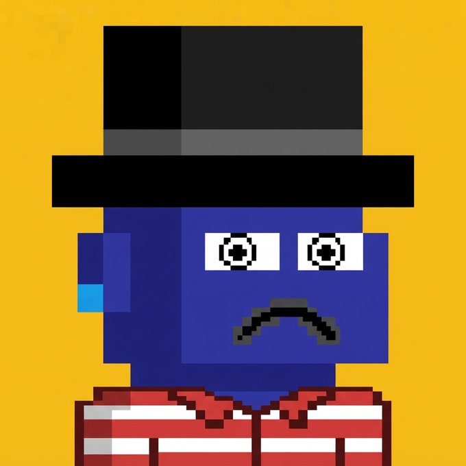 A pixel art portrait of a blue character wearing a black top hat and a red and white striped shirt, displaying a worried expression with a single blue tear on a yellow background.