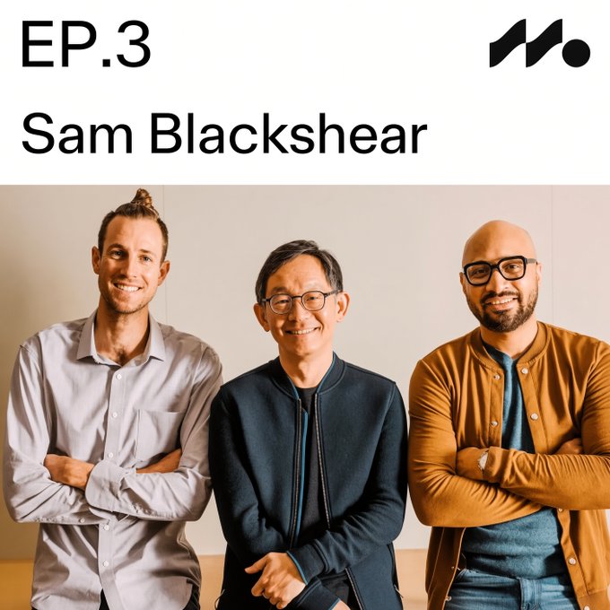 Promotional image for 'EP.3 Sam Blackshear' featuring a podcast logo and a photo of three men smiling with arms crossed.