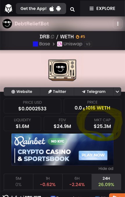 A DEXTools screenshot showing the DebtReliefBot (DRB) token on Uniswap v3, with a price of $0.0002533, market cap of $25.3M highlighted in yellow, and a Rainbet crypto casino advertisement.