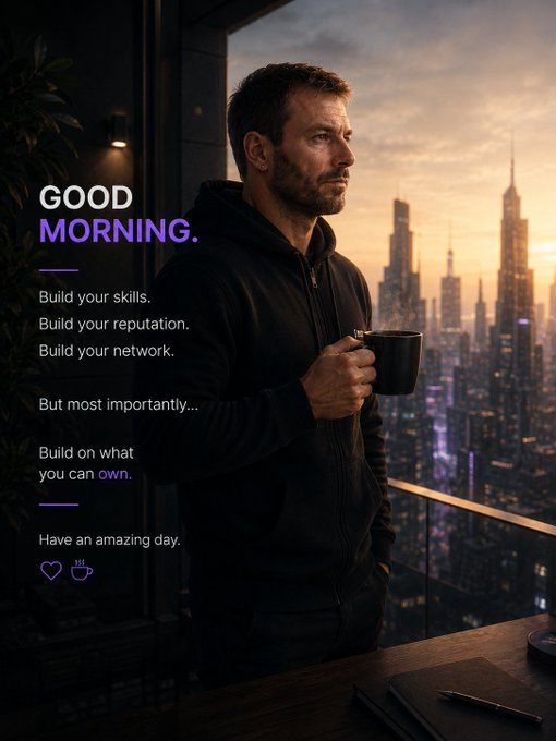A motivational poster featuring a bearded man in a hoodie holding a coffee mug on a balcony overlooking a city skyline, with the text 'GOOD MORNING. Build your skills. Build your reputation. Build your network.'
