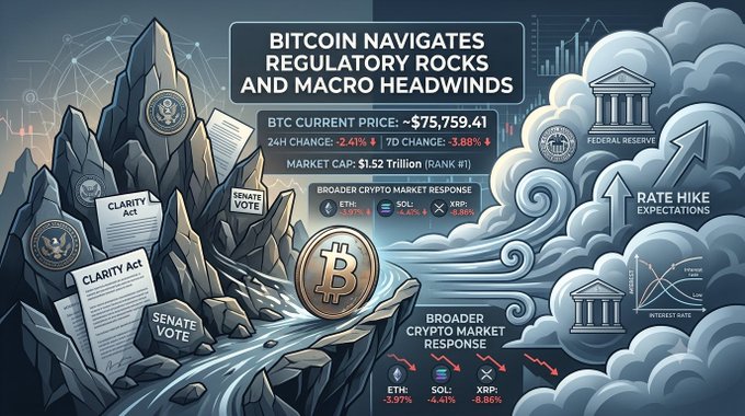 An infographic depicting the Bitcoin market shows 'BITCOIN NAVIGATES REGULATORY ROCKS AND MACRO HEADWINDS' with the current BTC price at ~$75,759.41, noting a -2.41% 24H change and a market cap of $1.52 Trillion. It also highlights elements like the 'CLARITY Act', a 'SENATE VOTE', and 'RATE HIKE EXPECTATIONS' from the Federal Reserve, along with losses across ETH, SOL, and XRP.