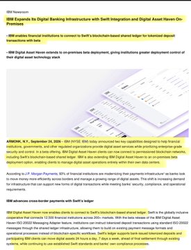 The image shows an SWIFT press release from October 2 about SWIFT's gpi Maxim initiative with SBI and IBM Digital Asset Havens, with API and ledger technology mentions. It relates to the post by highlighting Ripple/SWIFT and Stellar/IBM/SWIFT financial infrastructure partnerships, reinforcing the claim that XRP and XLM are central to SWIFT's evolving digital asset payment systems.